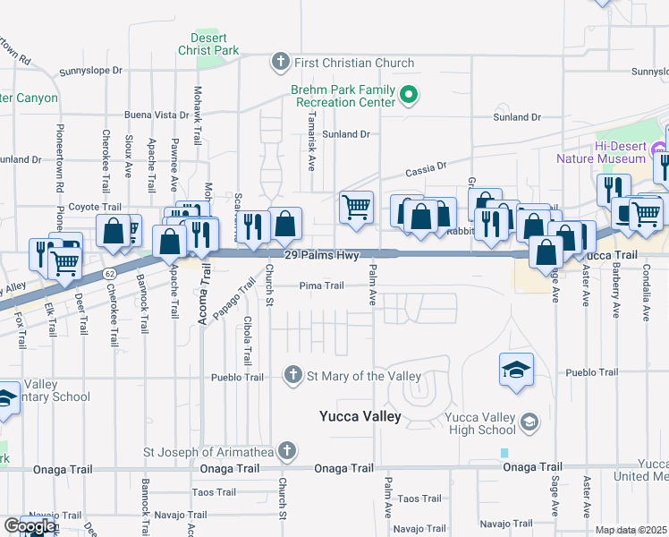 map of restaurants, bars, coffee shops, grocery stores, and more near 56425 29 Palms Highway in Yucca Valley