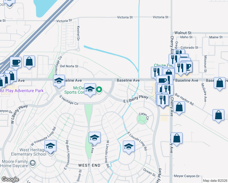 map of restaurants, bars, coffee shops, grocery stores, and more near 14122 Mendocino Court in Fontana