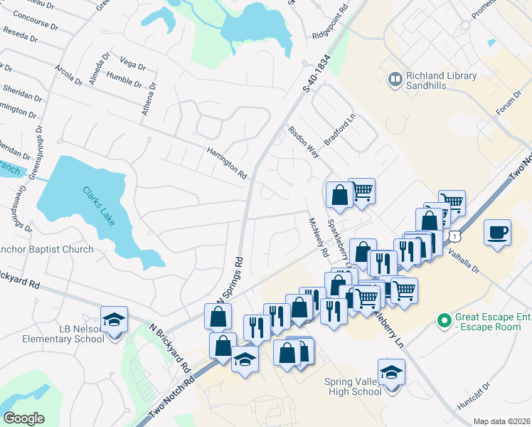map of restaurants, bars, coffee shops, grocery stores, and more near 432 Abe Circle in Columbia