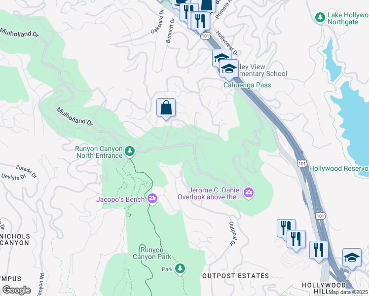 map of restaurants, bars, coffee shops, grocery stores, and more near 7218 Mulholland Drive in Los Angeles