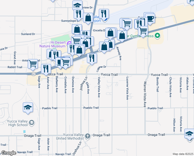 map of restaurants, bars, coffee shops, grocery stores, and more near 7328 Valley Vista Avenue in Yucca Valley