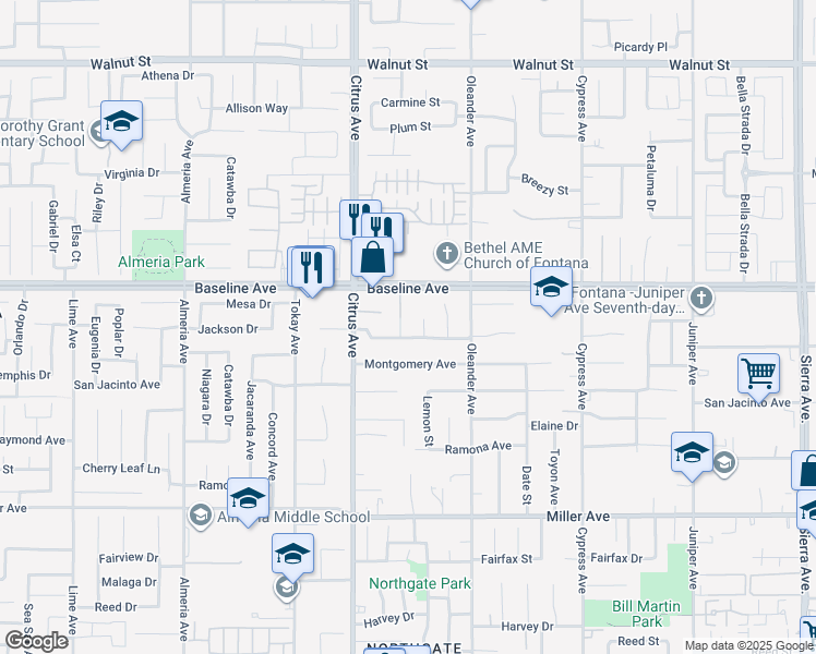 map of restaurants, bars, coffee shops, grocery stores, and more near 7377 Milleman Avenue in Fontana