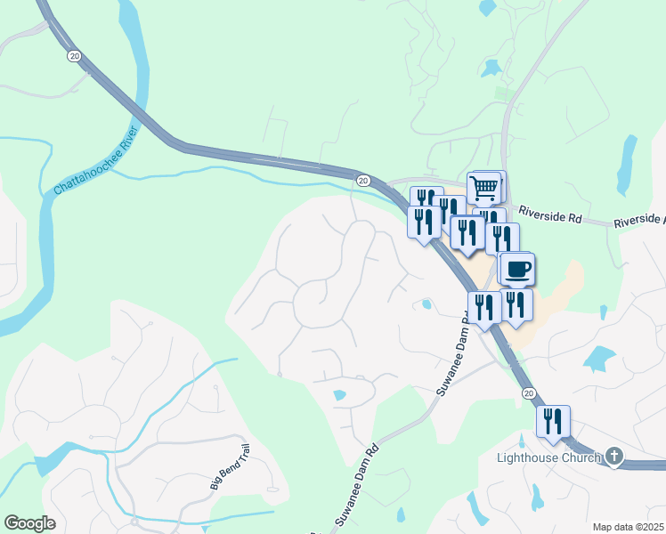 map of restaurants, bars, coffee shops, grocery stores, and more near 6432 Mountain Ridge Circle in Sugar Hill