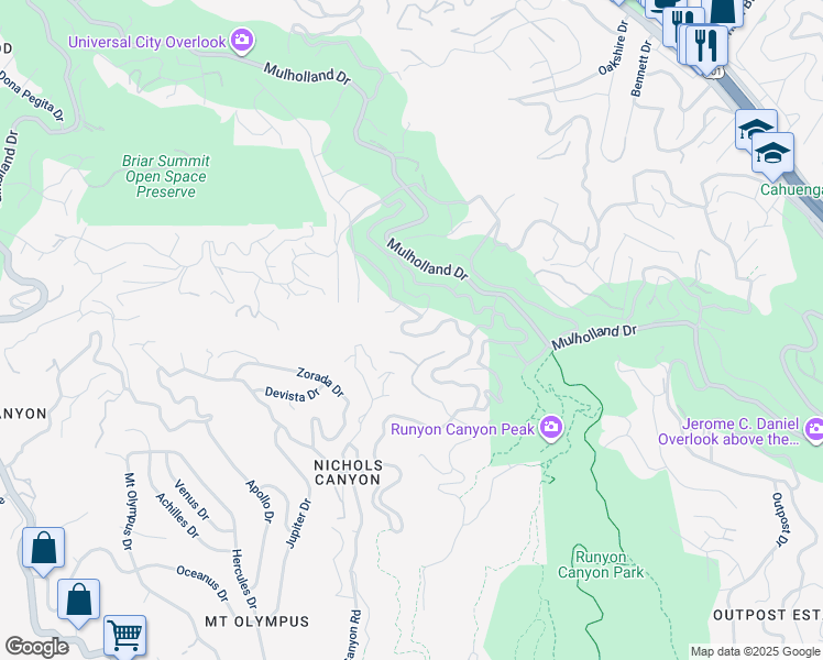map of restaurants, bars, coffee shops, grocery stores, and more near 2740 Nichols Canyon Road in Los Angeles