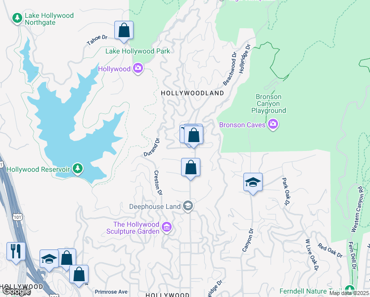 map of restaurants, bars, coffee shops, grocery stores, and more near Belden Drive in Los Angeles