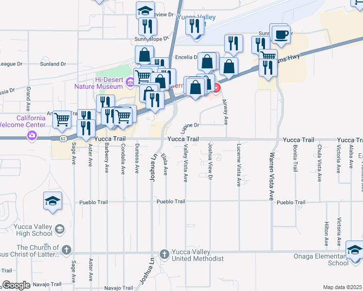 map of restaurants, bars, coffee shops, grocery stores, and more near 7328 Valley Vista Avenue in Yucca Valley