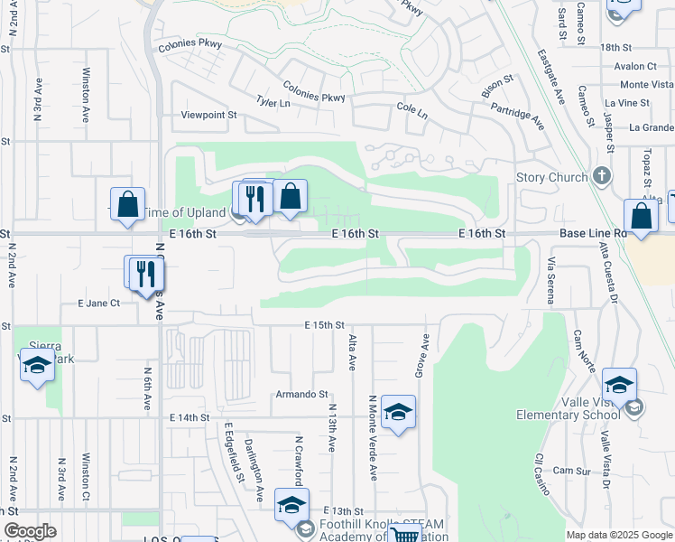 map of restaurants, bars, coffee shops, grocery stores, and more near 1255 Upland Hills Drive South in Upland