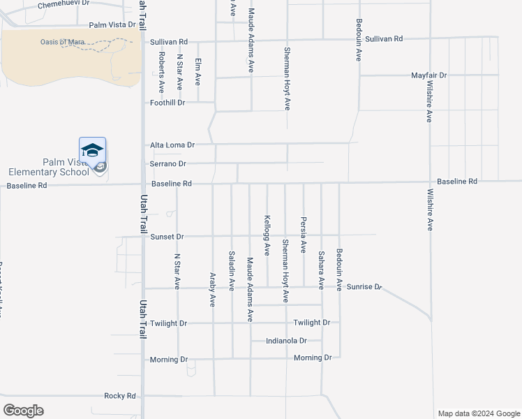 map of restaurants, bars, coffee shops, grocery stores, and more near Kellogg Avenue in Twentynine Palms