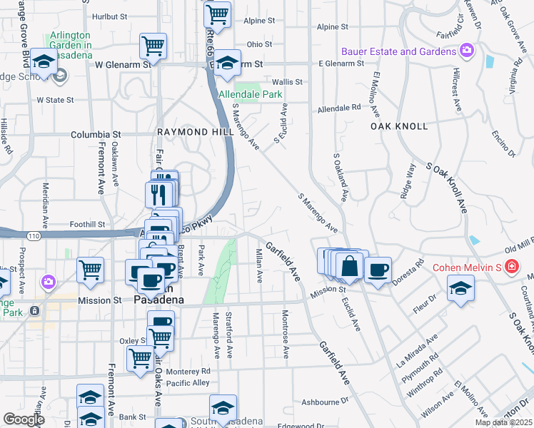 map of restaurants, bars, coffee shops, grocery stores, and more near 604 Garfield Avenue in South Pasadena