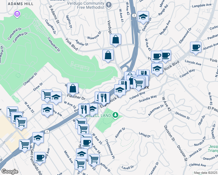 map of restaurants, bars, coffee shops, grocery stores, and more near 3851 North Riley Lane in Los Angeles