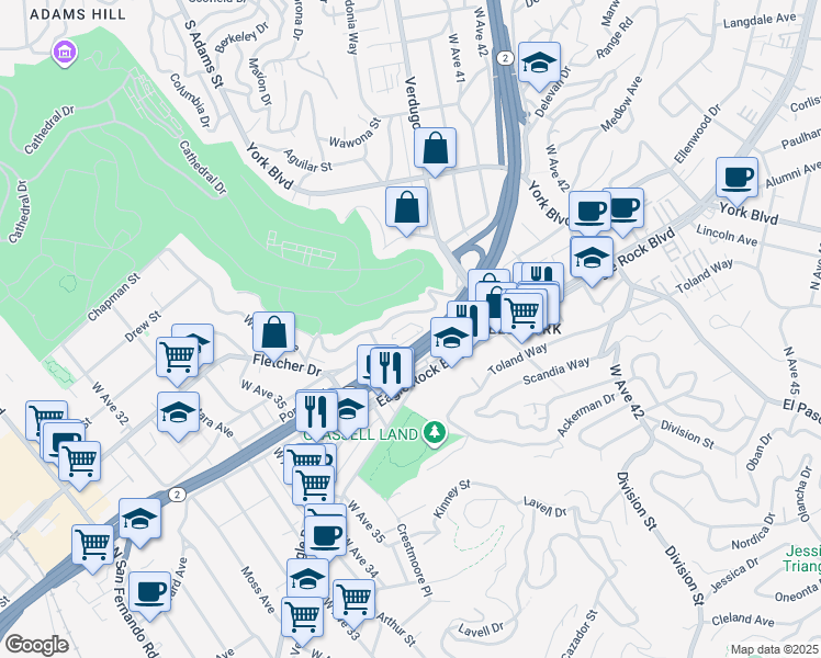 map of restaurants, bars, coffee shops, grocery stores, and more near 3851 North Riley Lane in Los Angeles