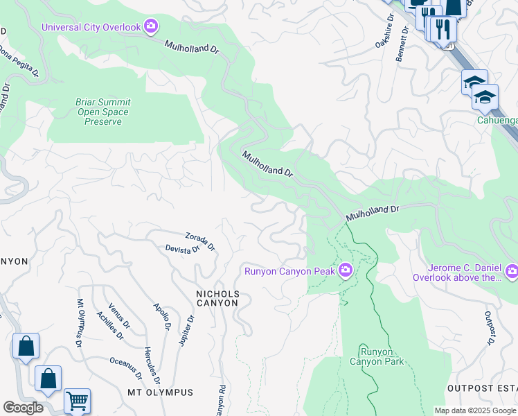 map of restaurants, bars, coffee shops, grocery stores, and more near 2740 Nichols Canyon Road in Los Angeles