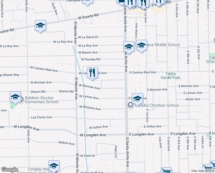map of restaurants, bars, coffee shops, grocery stores, and more near 71 West Norman Avenue in Arcadia