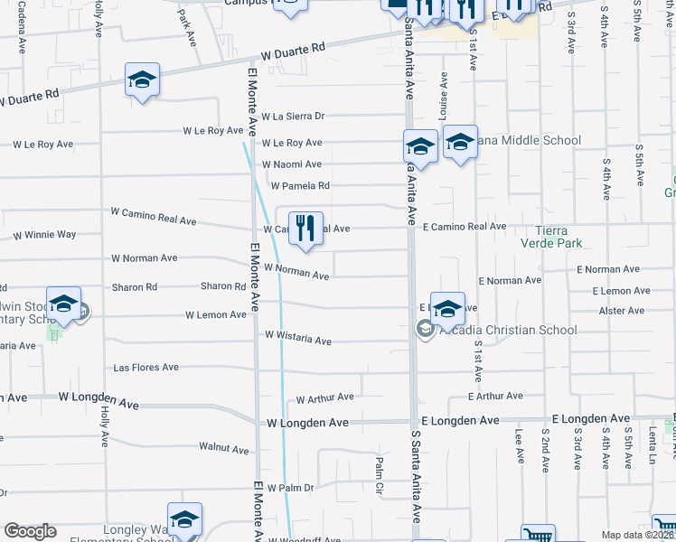 map of restaurants, bars, coffee shops, grocery stores, and more near 85 West Norman Avenue in Arcadia