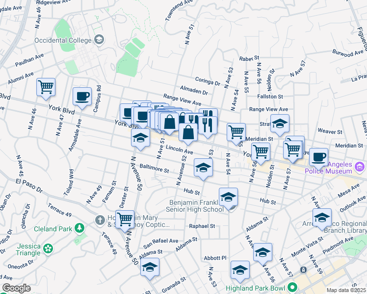 map of restaurants, bars, coffee shops, grocery stores, and more near 5152 York Boulevard in Los Angeles