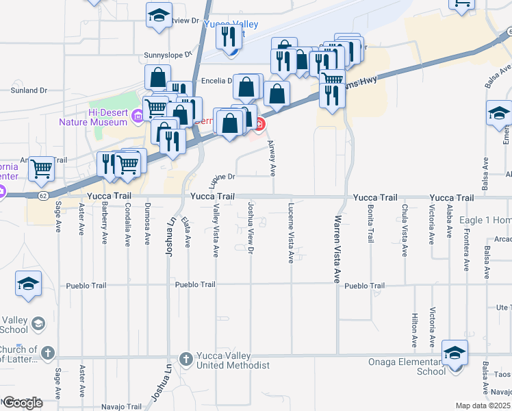 map of restaurants, bars, coffee shops, grocery stores, and more near 57430 Yucca Trail in Yucca Valley
