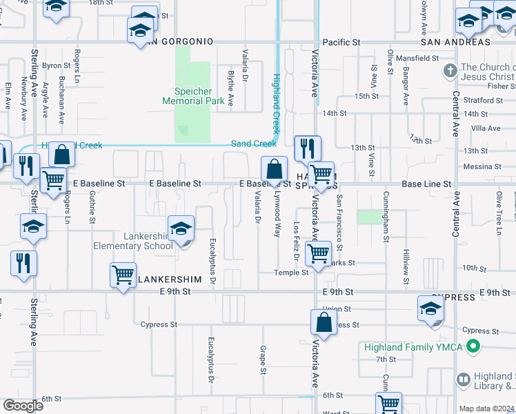 map of restaurants, bars, coffee shops, grocery stores, and more near 7353 Valaria Drive in Highland