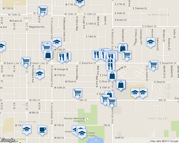 map of restaurants, bars, coffee shops, grocery stores, and more near 1157 North Lugo Avenue in San Bernardino