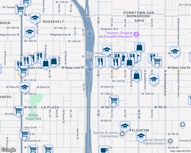 map of restaurants, bars, coffee shops, grocery stores, and more near 1158 North H Street in San Bernardino