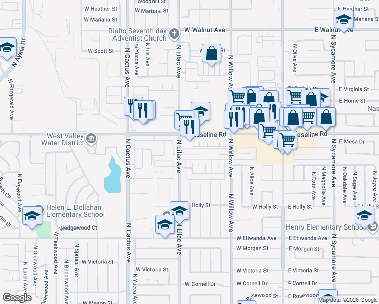 map of restaurants, bars, coffee shops, grocery stores, and more near 471 West Baseline Road in Rialto