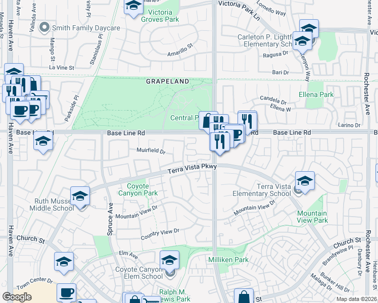 map of restaurants, bars, coffee shops, grocery stores, and more near 7367 Belpine Place in Rancho Cucamonga