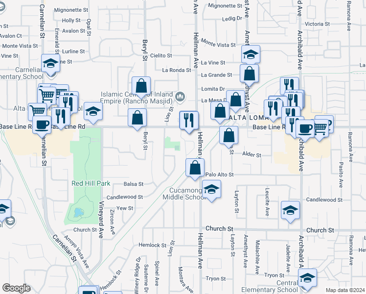 map of restaurants, bars, coffee shops, grocery stores, and more near 9161 Base Line Road in Rancho Cucamonga