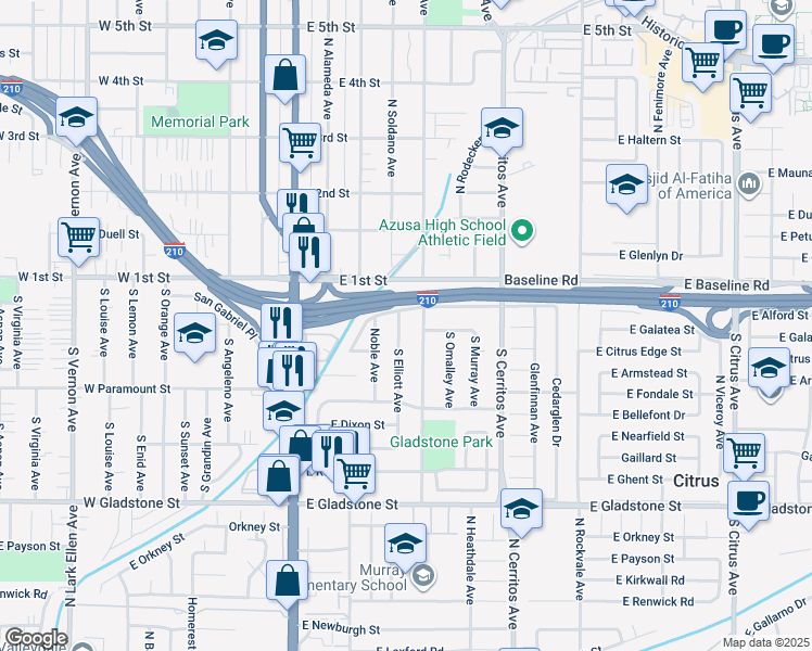 map of restaurants, bars, coffee shops, grocery stores, and more near 125 South Pasadena Avenue in Azusa