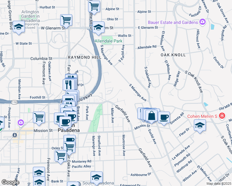 map of restaurants, bars, coffee shops, grocery stores, and more near 504a Hardison Place in South Pasadena