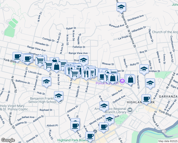 map of restaurants, bars, coffee shops, grocery stores, and more near 5666 Meridian Street in Los Angeles