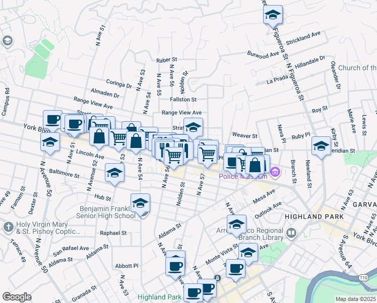 map of restaurants, bars, coffee shops, grocery stores, and more near 5624 Meridian Street in Los Angeles