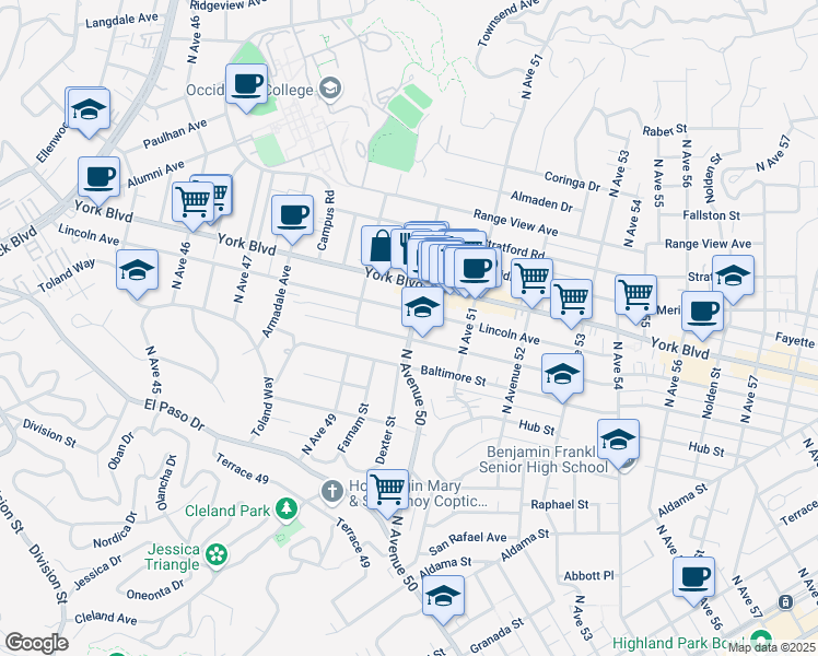 map of restaurants, bars, coffee shops, grocery stores, and more near 4952 Lincoln Avenue in Los Angeles