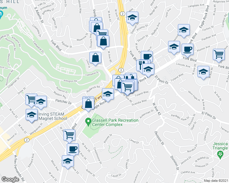 map of restaurants, bars, coffee shops, grocery stores, and more near 3947 North Eagle Rock Boulevard in Los Angeles