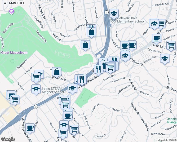 map of restaurants, bars, coffee shops, grocery stores, and more near 3922 Roderick Road in Los Angeles