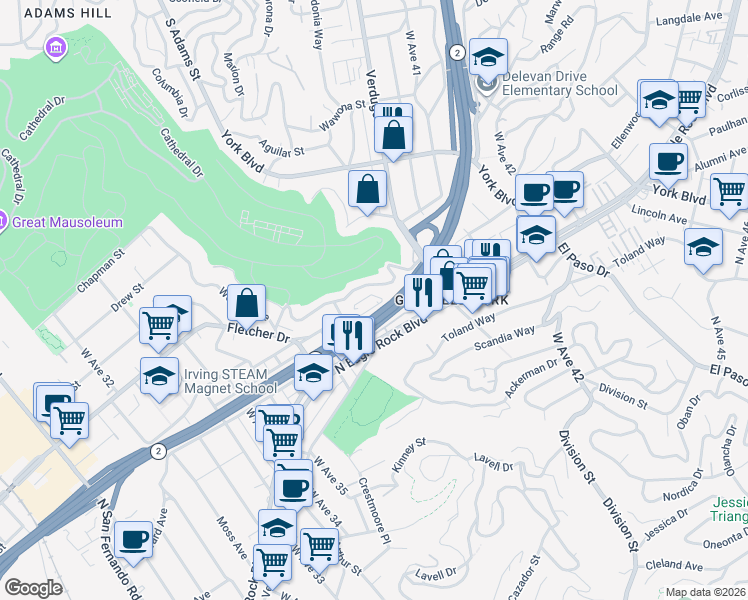 map of restaurants, bars, coffee shops, grocery stores, and more near 3922 Roderick Road in Los Angeles