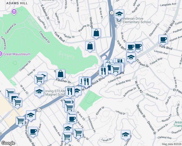 map of restaurants, bars, coffee shops, grocery stores, and more near 3835 Roderick Road in Los Angeles