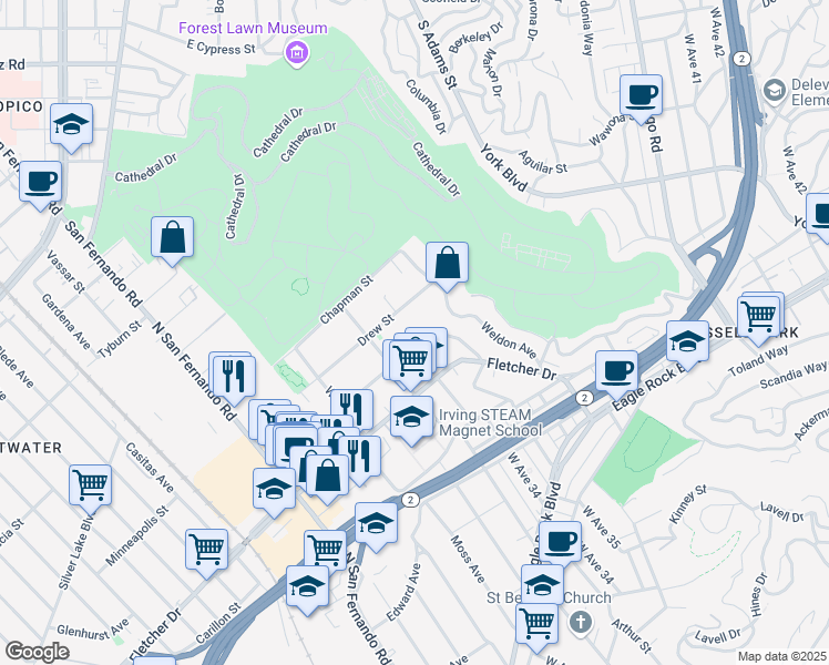 map of restaurants, bars, coffee shops, grocery stores, and more near 3336 Drew Street in Los Angeles