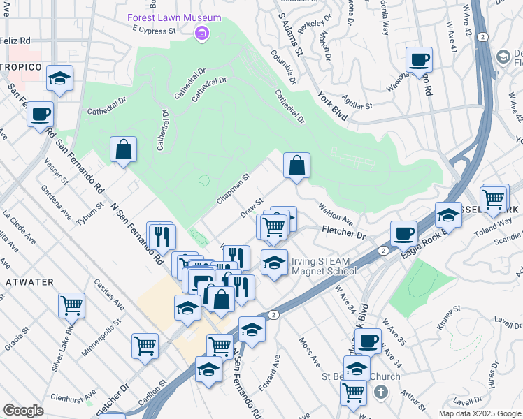 map of restaurants, bars, coffee shops, grocery stores, and more near 3336 Drew Street in Los Angeles
