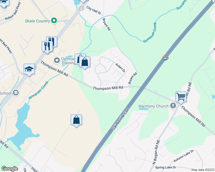 map of restaurants, bars, coffee shops, grocery stores, and more near 2851 Pebblebrook Court in Buford