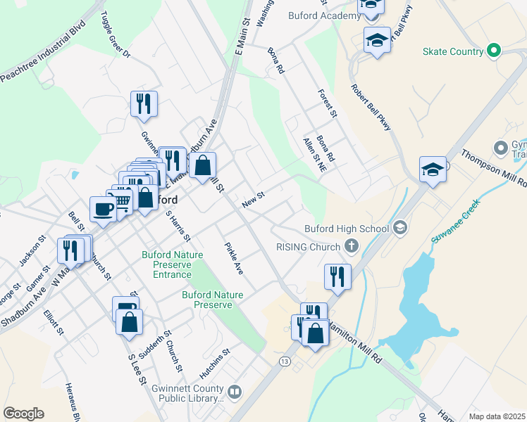 map of restaurants, bars, coffee shops, grocery stores, and more near 410 William Street in Buford