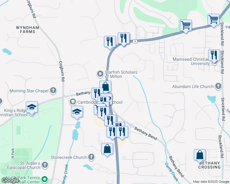 map of restaurants, bars, coffee shops, grocery stores, and more near 13943 Georgia 9 in Alpharetta