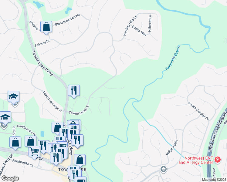 map of restaurants, bars, coffee shops, grocery stores, and more near 410 Amber Lane in Woodstock