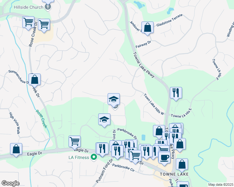 map of restaurants, bars, coffee shops, grocery stores, and more near 320 Ironhill Trce in Woodstock