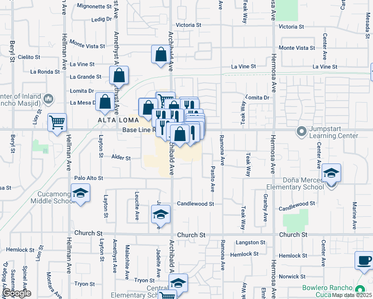 map of restaurants, bars, coffee shops, grocery stores, and more near 9791 Base Line Road in Rancho Cucamonga