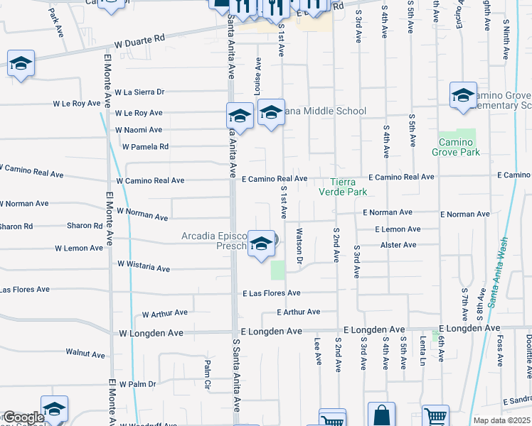 map of restaurants, bars, coffee shops, grocery stores, and more near 46 East Winnie Way in Arcadia