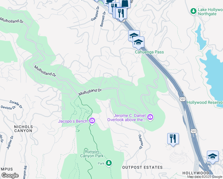 map of restaurants, bars, coffee shops, grocery stores, and more near 7218 Mulholland Drive in Los Angeles