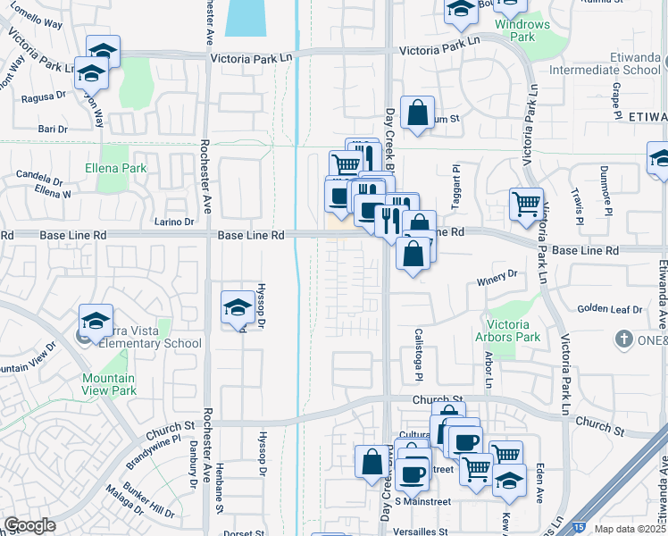 map of restaurants, bars, coffee shops, grocery stores, and more near 12172 Rising Star Drive in Rancho Cucamonga