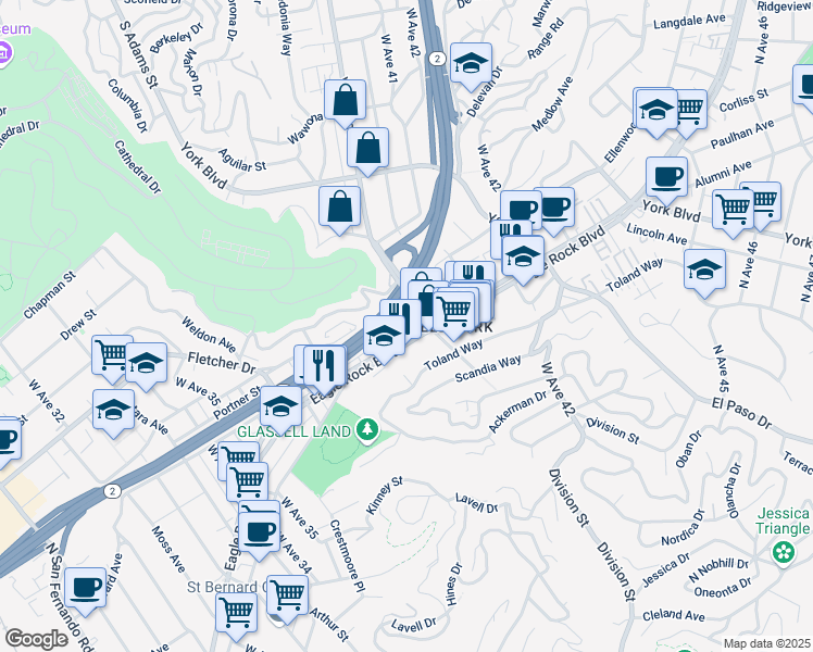 map of restaurants, bars, coffee shops, grocery stores, and more near 3945 Eagle Rock Boulevard in Los Angeles
