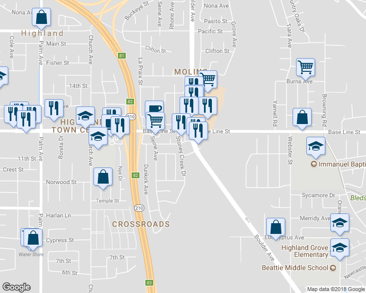 map of restaurants, bars, coffee shops, grocery stores, and more near 7354A Stoney Creek Drive in Highland