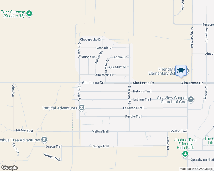 map of restaurants, bars, coffee shops, grocery stores, and more near 60341 Alta Loma Drive in Joshua Tree