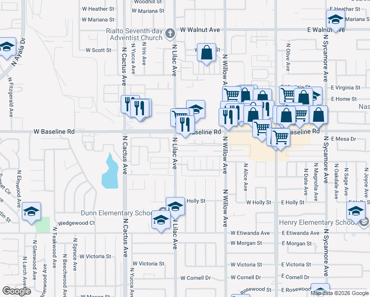 map of restaurants, bars, coffee shops, grocery stores, and more near 470 West Jackson Street in Rialto